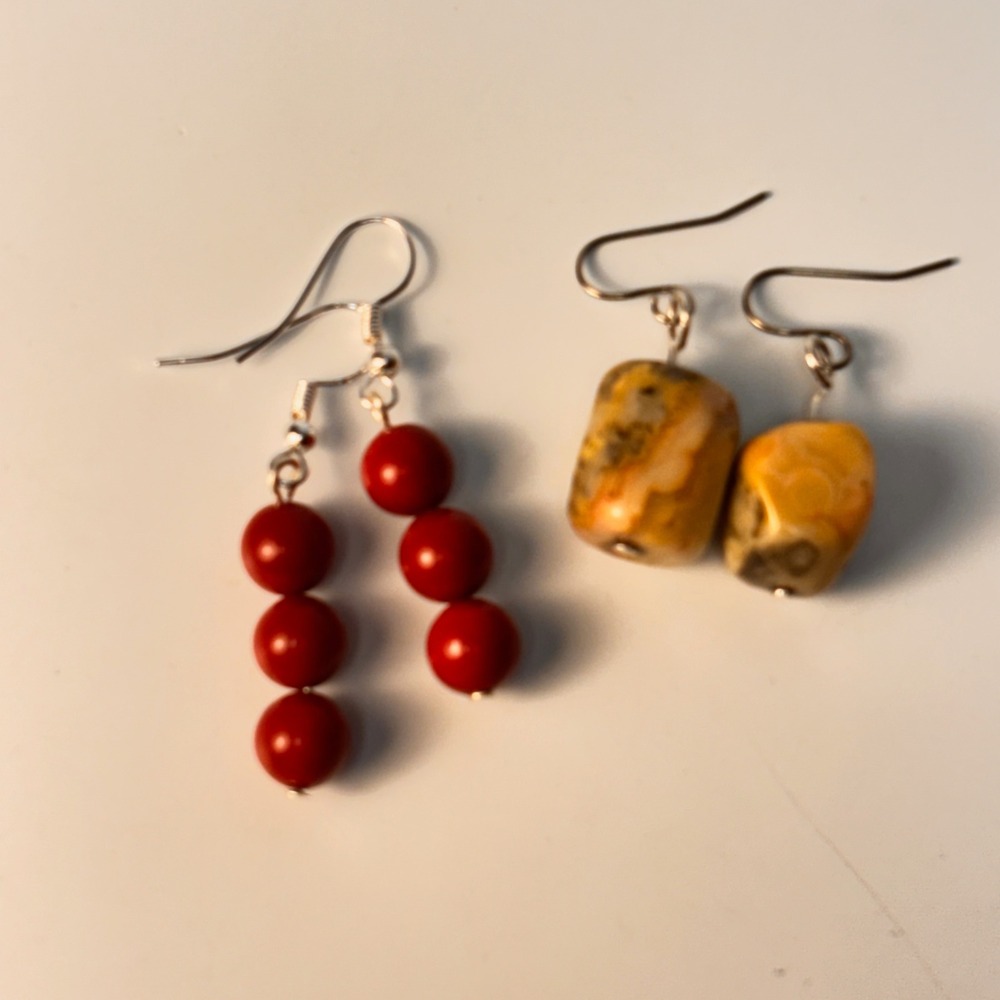 Dangle Earring Set Red Glass Bead Yellow Stone Boho Statement Whimsygoth 2 Pairs